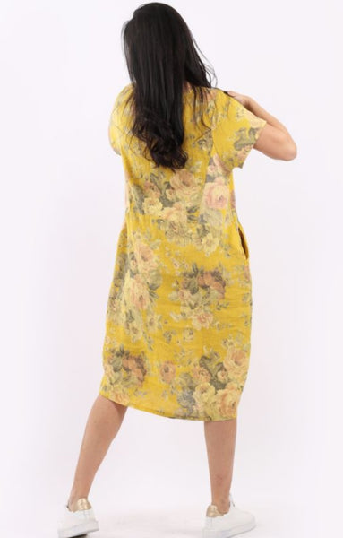 Linen Dress, Ribbed Sides Antique Rose – Mustard
