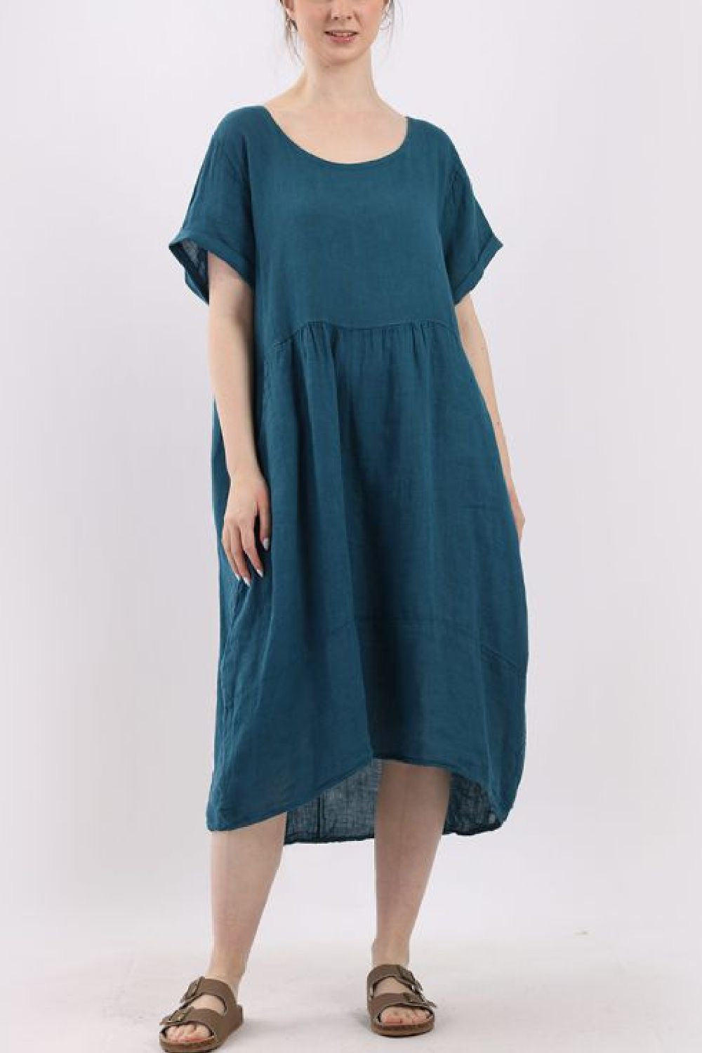 Linen Round Neck Elegant Style Dress - Teal