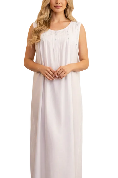 Pintuck Cotton Nightdress, Sleeveless Hand Embroidery