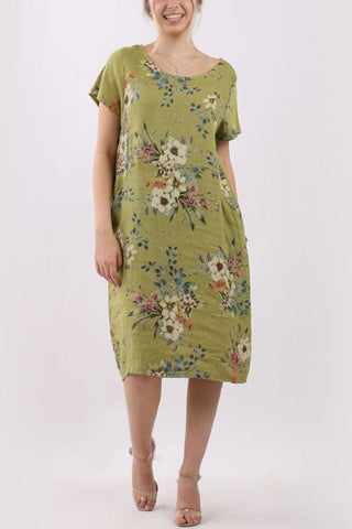 Linen Dress with Ribbed Sides - Lime