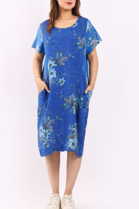 Linen Dress with Ribbed Sides - Royal