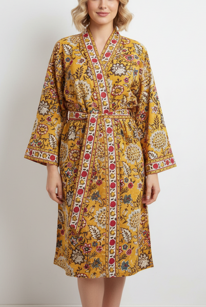 Anokhi Midi Kimono Robe – Mustard
