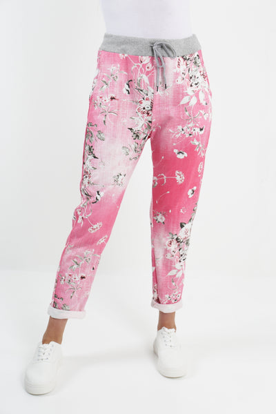 Italian Stretch Pants - Pink , Stalks & Pink Flowers