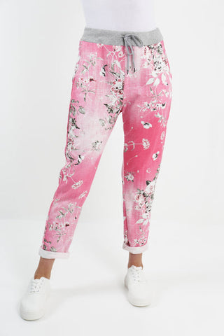 Italian Stretch Pants - Pink , Stalks & Pink Flowers