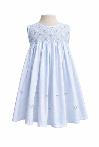A sleeveless light blue dress displayed on a mannequin torso against a plain white background. The dress has a smocked bodice with small embroidered floral details and a flared skirt.