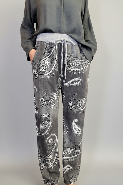 Italian Stretch Pants - Paisley, Charcoal