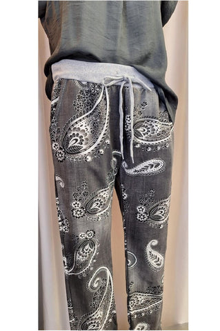 Italian Stretch Pants - Paisley, Charcoal