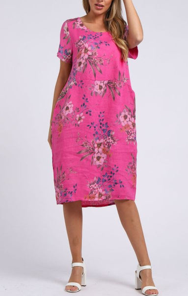 Linen Dress with Ribbed Sides - Fuchsia