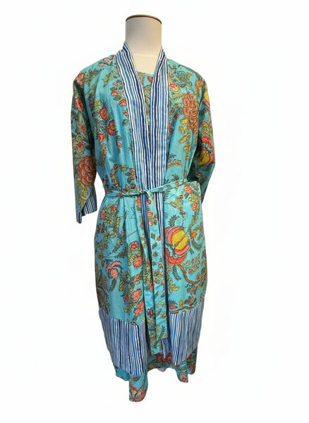 Floral patterned robe on a mannequin against a white background