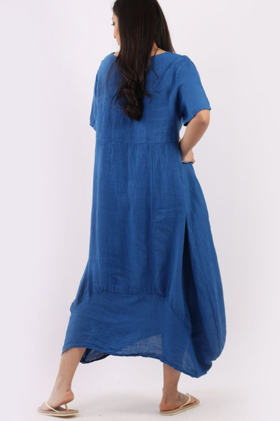 Linen Square Neck & Sleeves Dress - Royal