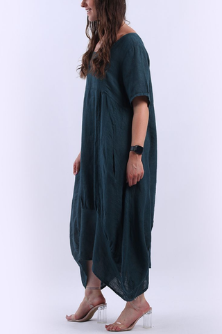 Linen Square Neck & Sleeves Dress - Teal