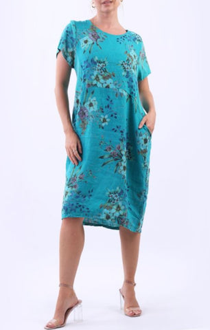 Linen Dress with Ribbed Sides - Teal