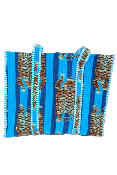 Cotton Velvet Tote Bag - Turquoise Tigers