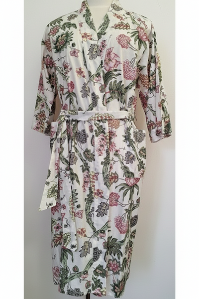 Floral-patterned robe on a mannequin against a white background