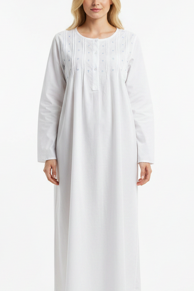 Long Sleeve Cotton Pintuck Nightdress - Blue Hand Embroidery
