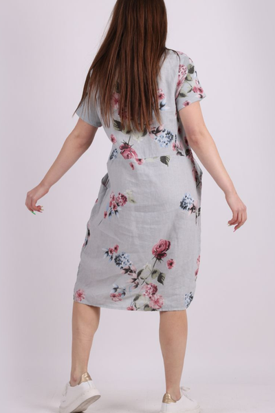Linen Short Dress with Ribbed Sides Hydrangea - Light Grey