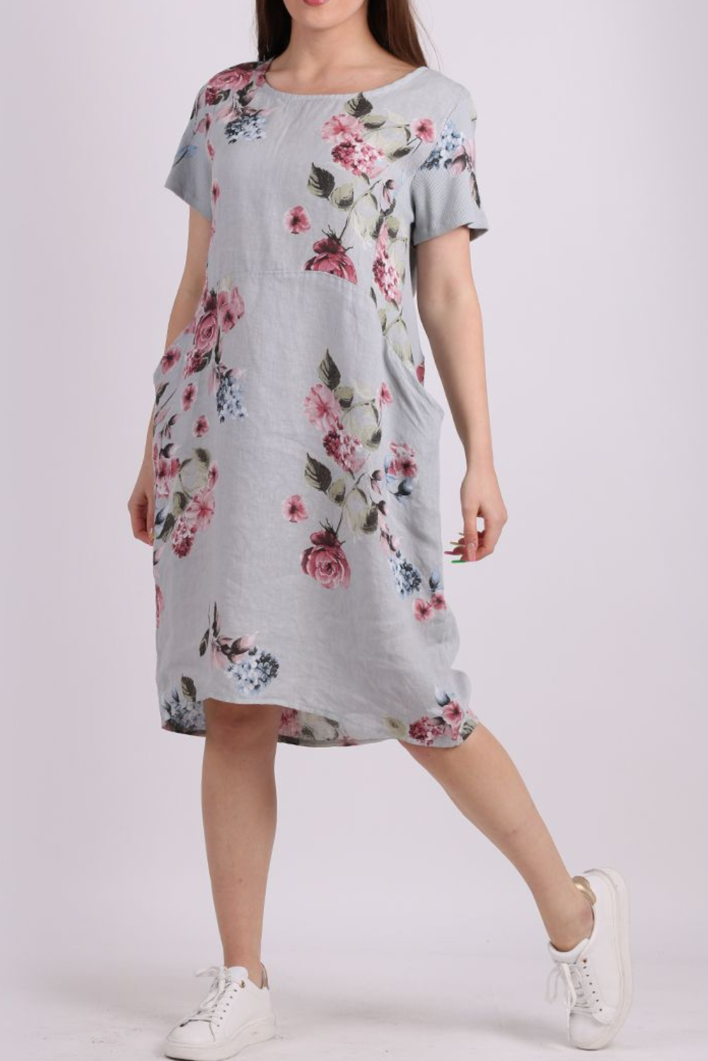 Linen Short Dress with Ribbed Sides Hydrangea - Light Grey