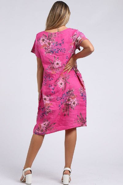 Linen Dress with Ribbed Sides - Fuchsia