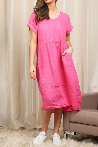 Linen Round Neck Elegant Style Dress - Fuchsia