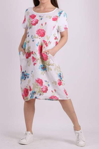 Linen Dress with Ribbed Sides, Sleeves - White