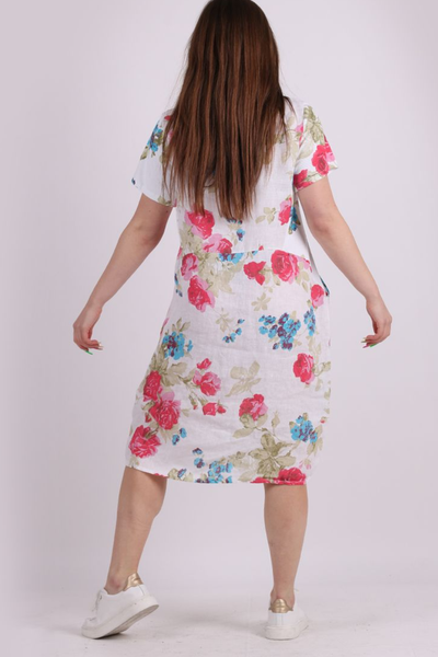 Linen Dress with Ribbed Sides, Sleeves - White