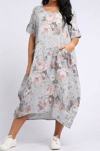 Linen Antique Rose Dress with Short Sleeves - Light Grey