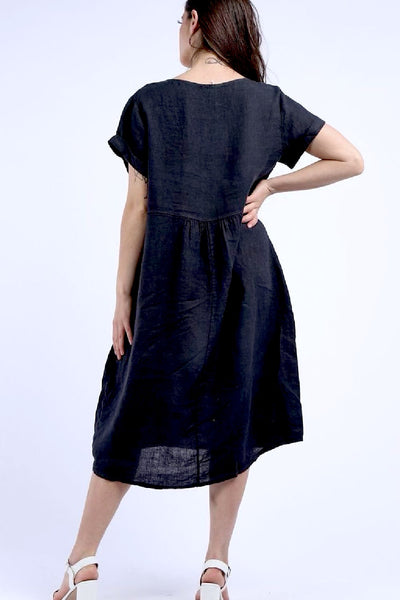 Linen Round Neck Elegant Style Dress - Black