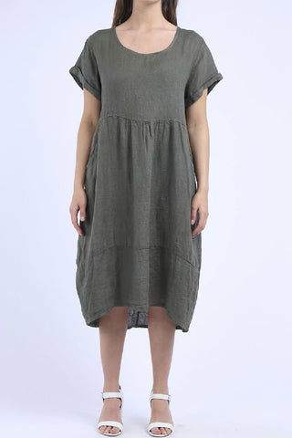 Linen Round Neck Elegant Style Dress-Khaki