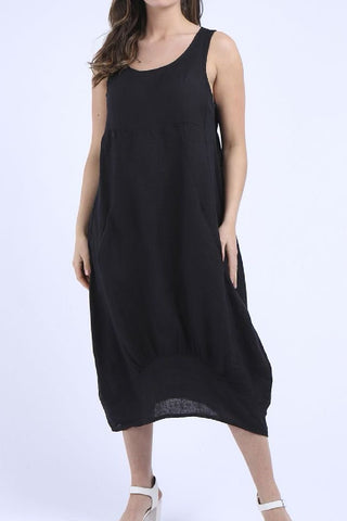 Linen Dress, Ribbed Sides-Black