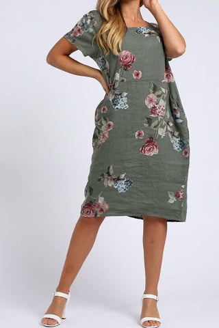 Linen Short Dress with Ribbed Sides Hydrangea - Khaki