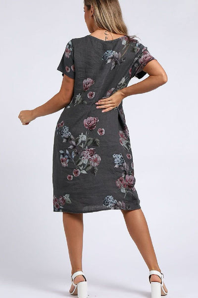 Linen Short Dress with Ribbed Sides Hydrangea - Charcoal