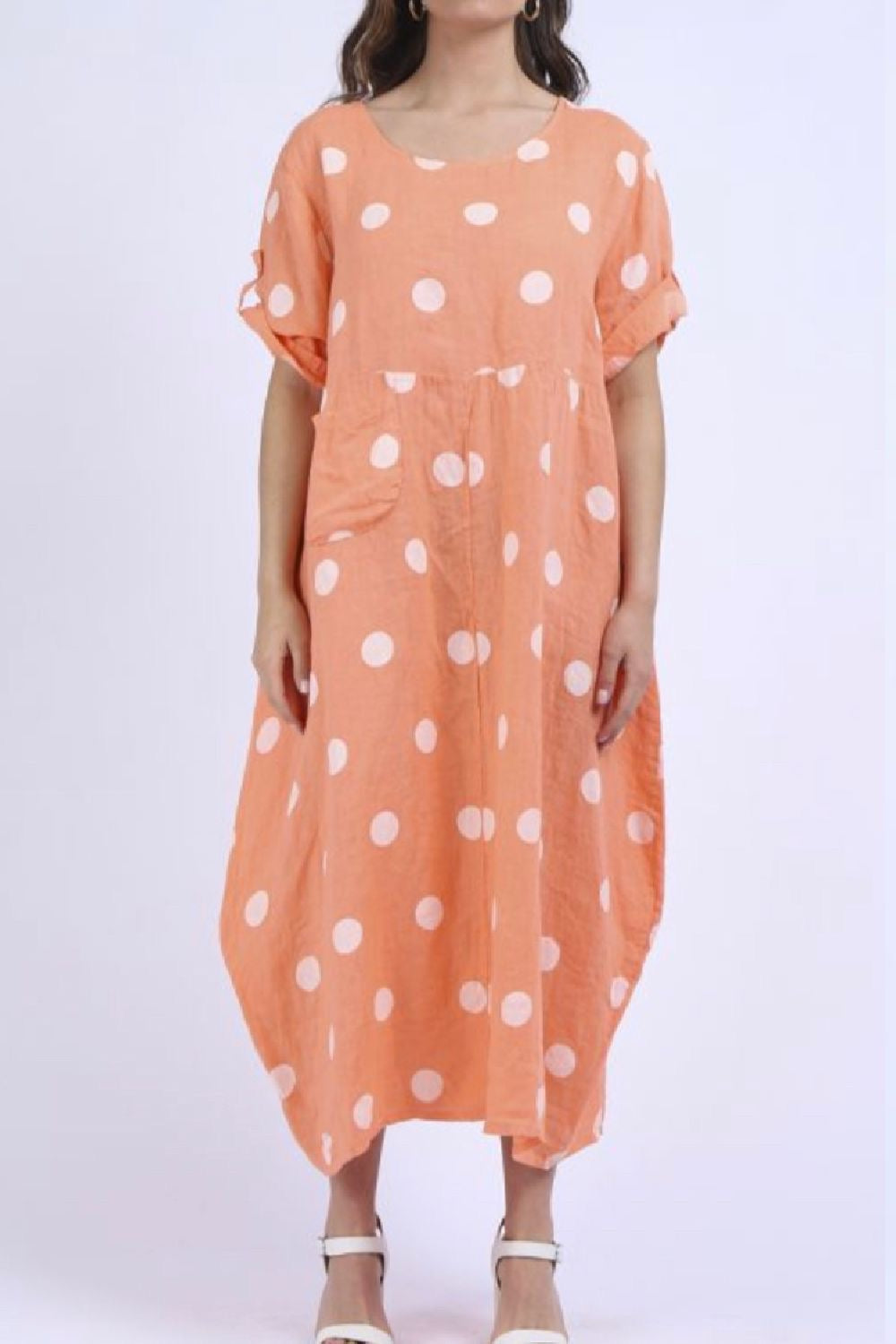 Linen Polka Dot, Round Neck Dress - Orange