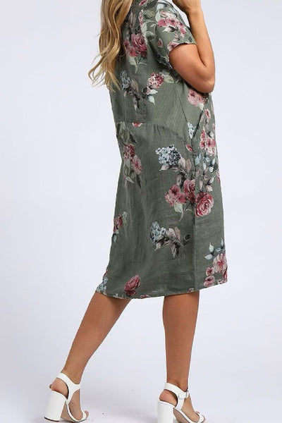 Linen Short Dress with Ribbed Sides Hydrangea - Khaki