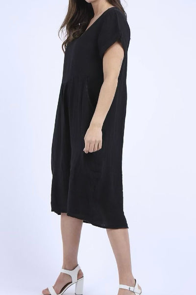 Linen Round Neck Elegant Style Dress - Black