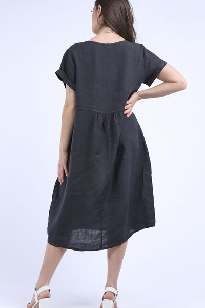Linen Round Neck Elegant Style Dress - Charcoal