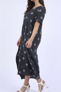 Linen Polka Dot, Round Neck Dress - Charcoal