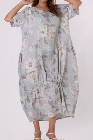 Floral Linen Midi Dress with Sleeves - Silver