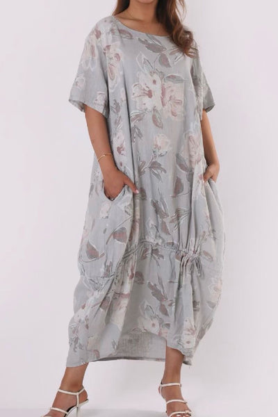 Floral Linen Midi Dress with Sleeves - Silver