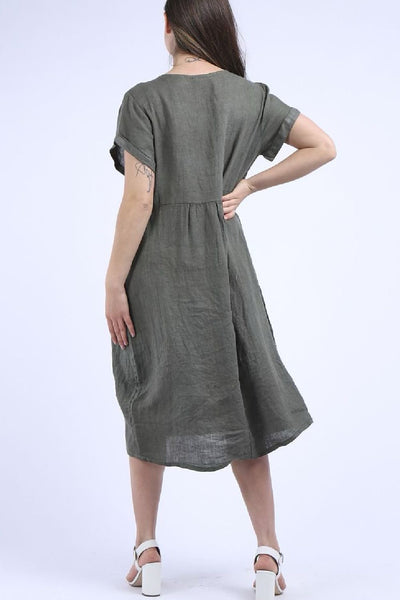 Linen Round Neck Elegant Style Dress-Khaki