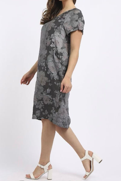 Linen Dress, Ribbed Sides Antique Rose - Charcoal
