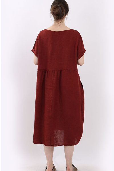 Linen Round Neck Elegant Style Dress - Rust