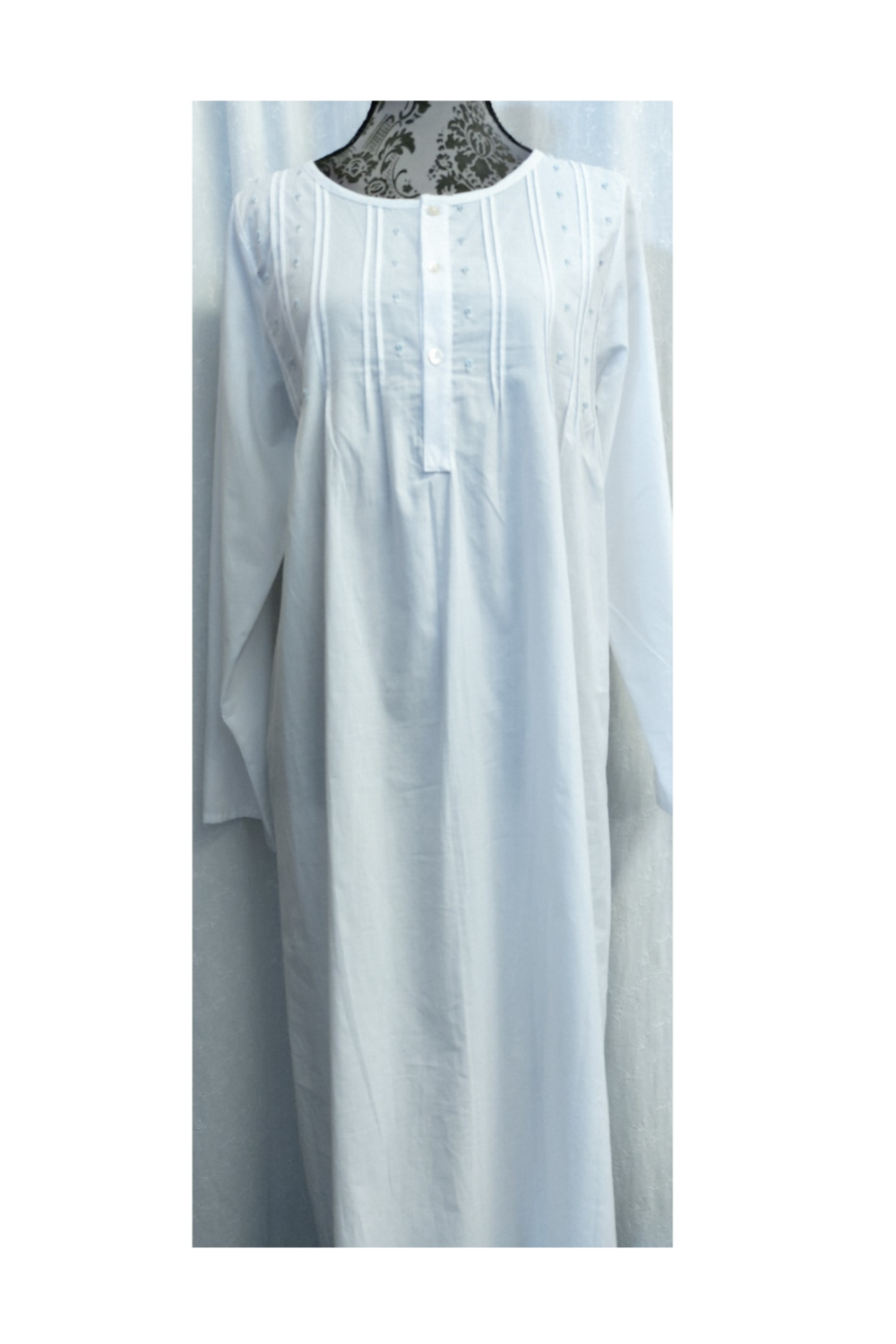 Long Sleeve Cotton Pintuck Nightdress - Blue Embroidery